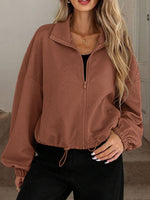 Women's High-neck Zippered Hem Drawstring Pocket Loose Coat
