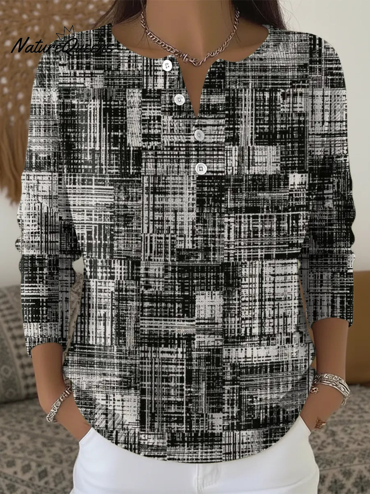 Women's Vintage Distressed Art Geometry Print Casual Sweater