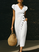 Elegant V-neck Button-up Linen Midi Dress