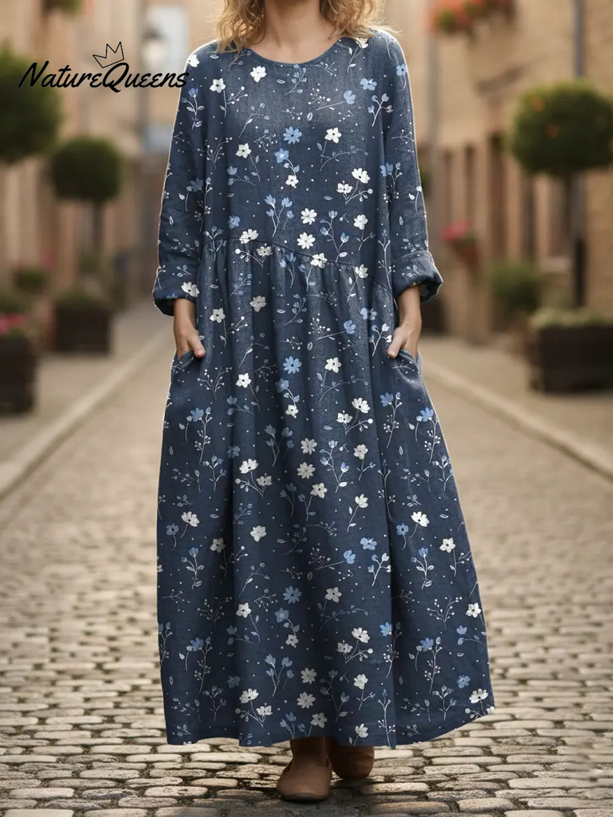 Women's Blue Floral Print Print Pocket Cotton Dress