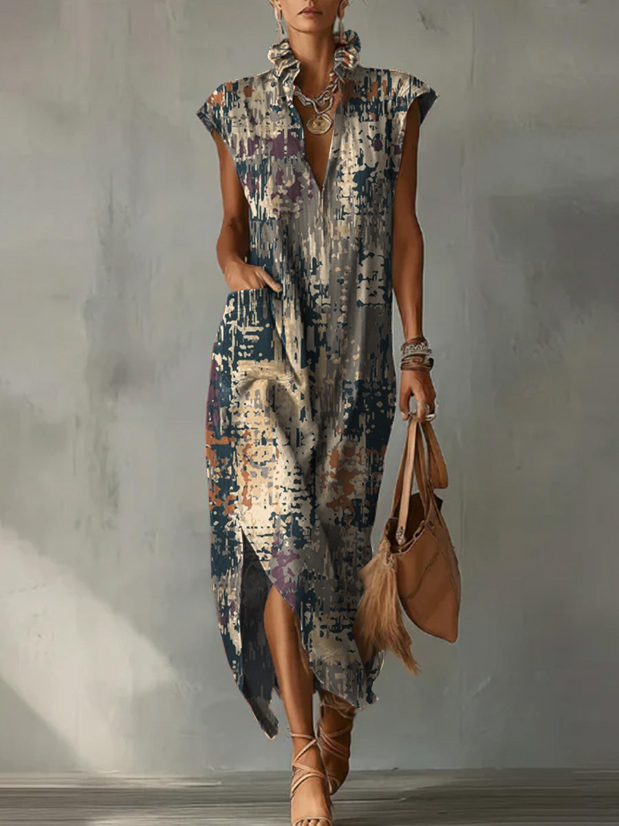 Casual Loose-fit Cotton-linen Dress With Cap Sleeves And Vintage Abstract Oil Painting Print