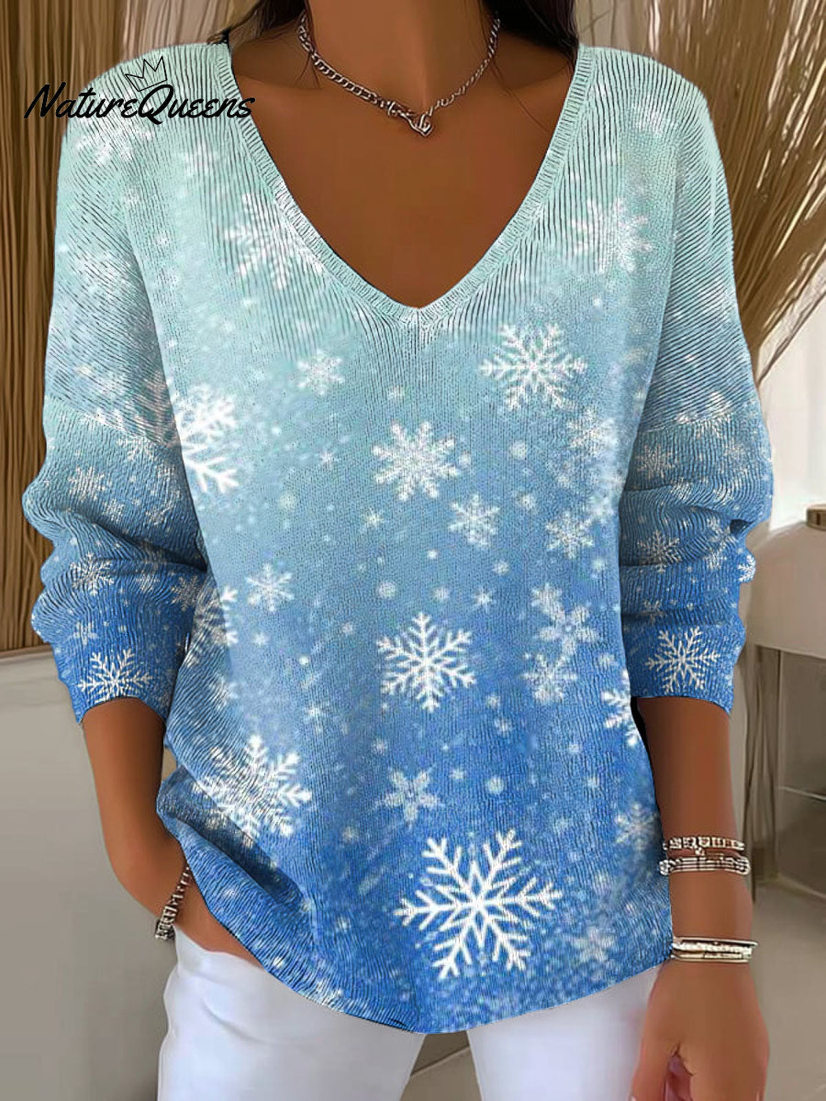 Women's Winter Christmas Snowflake Decoration Patterns Casual V Collar Long Sleeve Sweater