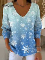 Women's Winter Christmas Snowflake Decoration Patterns Casual V Collar Long Sleeve Sweater