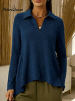 Women's Solid Color V-neck Long-sleeved Casual Loose-fitting Top With Irregular Hem.