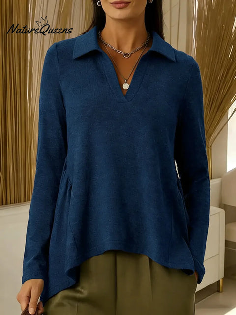 Women's Solid Color V-neck Long-sleeved Casual Loose-fitting Top With Irregular Hem.