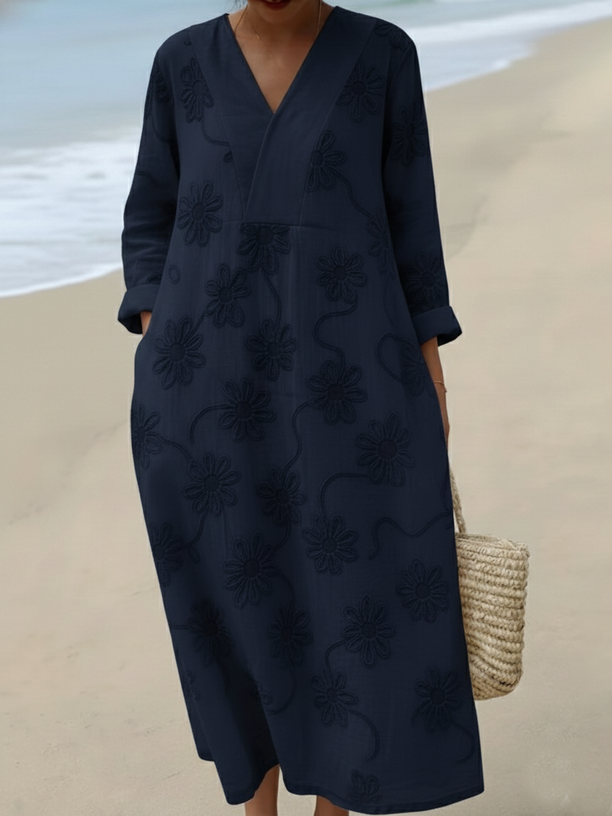 Cozy Romantic Floral Embroidered Cotton Dress