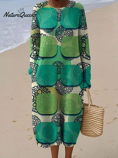 Women's Color Green Block Abstract Pattern Casual Round Collar Long Sleeve Dress