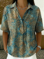 Women's Vintage Floral Pattern Art Print Casual Cotton Linen Shirt