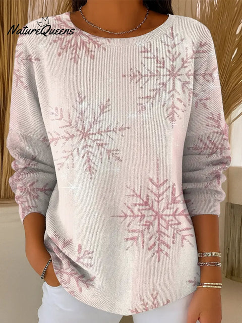 Women's Pink Snowflakes Casual Pullover Sweater