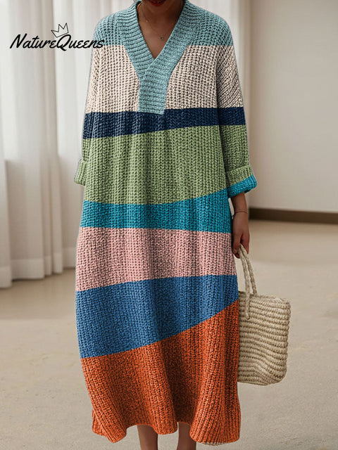 Women's Color Block Abstract Pattern Art Print Casual Cotton Knitted Dress