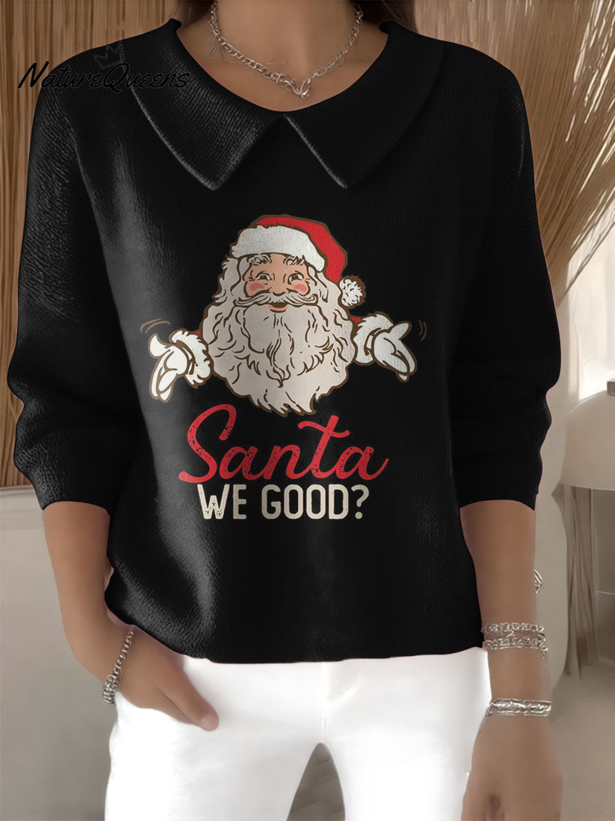 Christmas Santa Claus Decorations Women's Casual Peter Pan Collar 3/4 Sleeve Sweater
