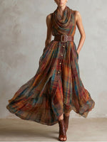 Women's Classic Plaid Draped Neckline Sleeveless Dress