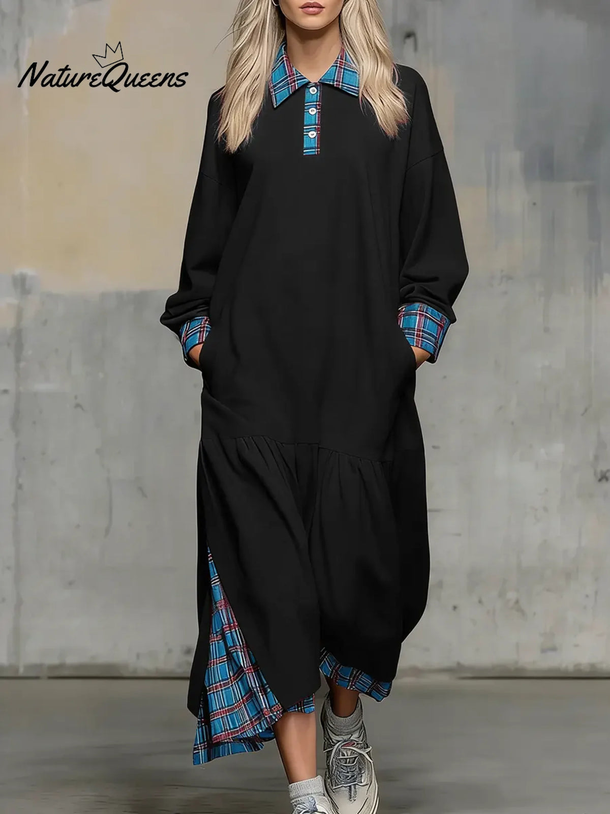 Women's Solid Color Patchwork Plaid Print Shirt Collar Long-sleeved Casual Loose Dress