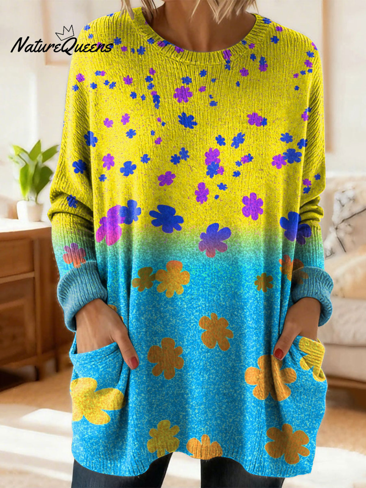 Women's Lovely Floral Flowers Pattern Art Print Casual Cotton Knitted Sweater