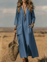 Casual V-neck Patch Pockets Denim Dress