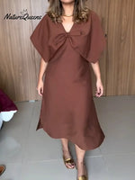 Women's Solid Color V-neck Short-sleeve Casual Loose Cotton Dress