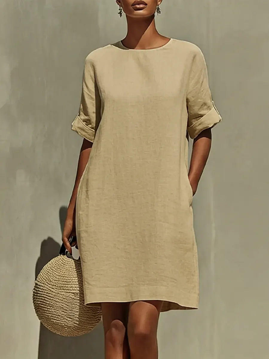 Simple Short-sleeve Cotton And Linen Dress