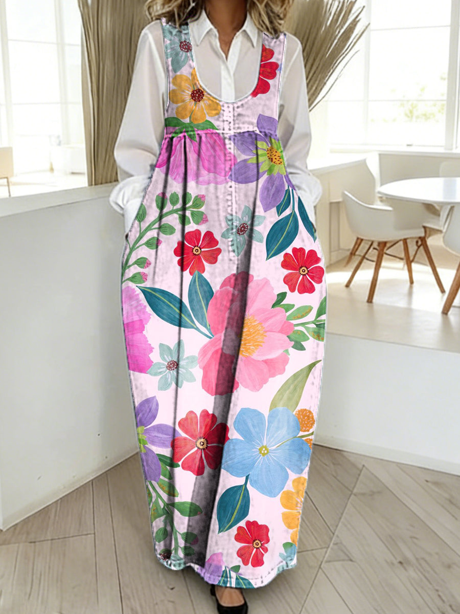 Women's Retro Flower Art Print Casual Loose Denim Vest Dress