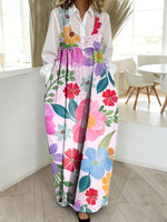 Women's Retro Flower Art Print Casual Loose Denim Vest Dress