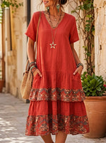 Women’s Casual Short Sleeve V Neck Ruffled Hem Pocket Dress