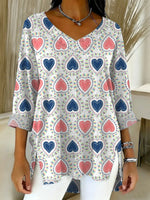 Women's Valentine's Day Heart-shaped Art Print Casual Washed Denim Cotton Top