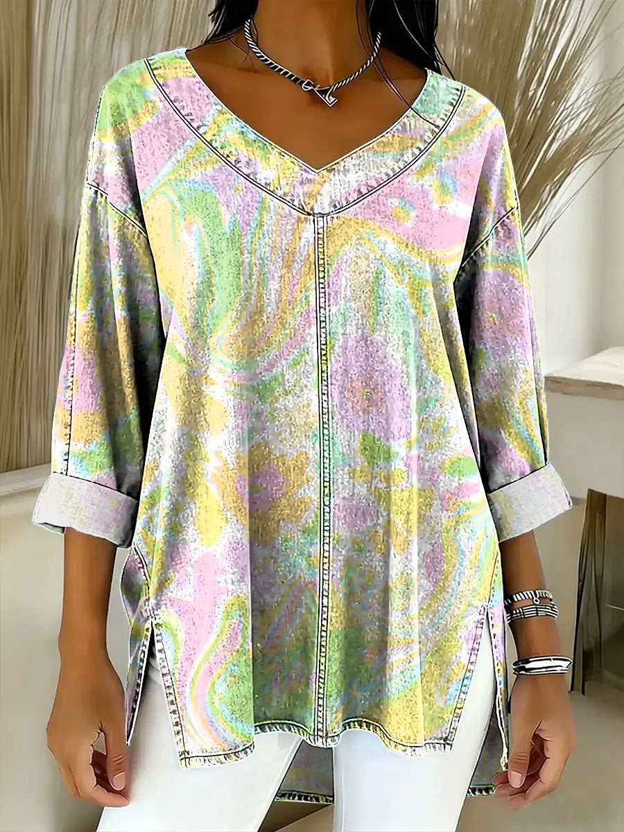 Women's Retro Gradient Flowers Floral Art Patterns Casual Washed Denim Cotton Top