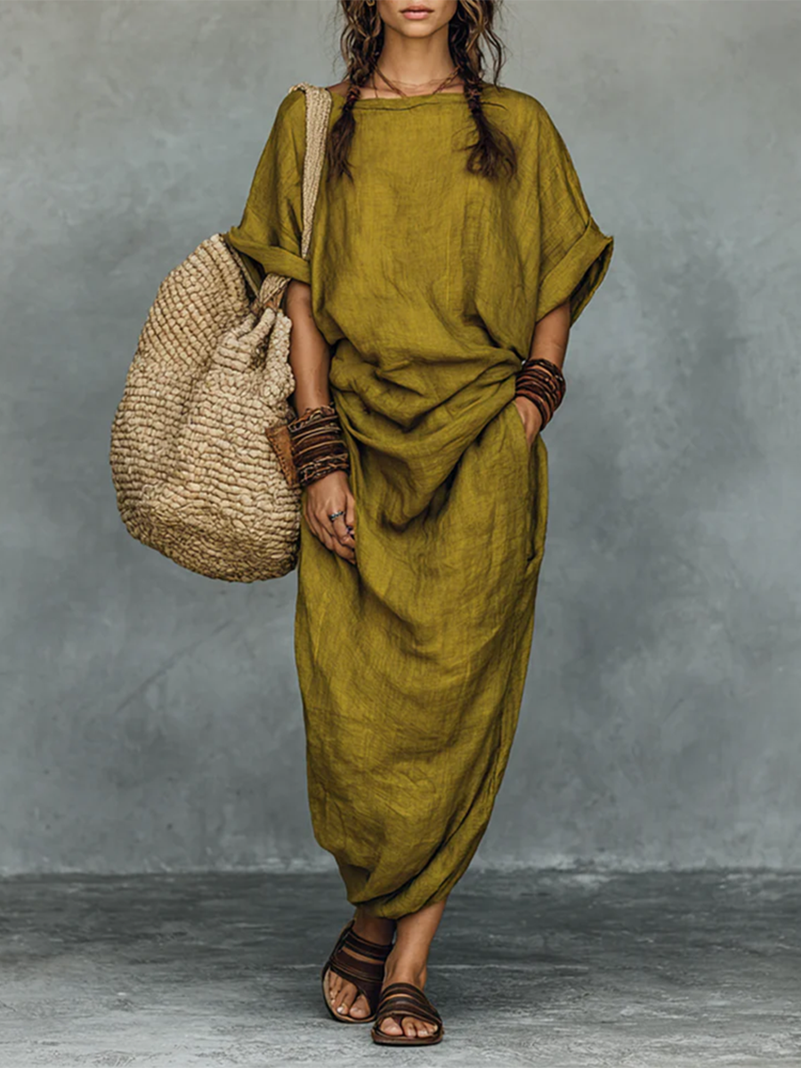 Casual Boat-neck Pleated Cotton-linen Dress