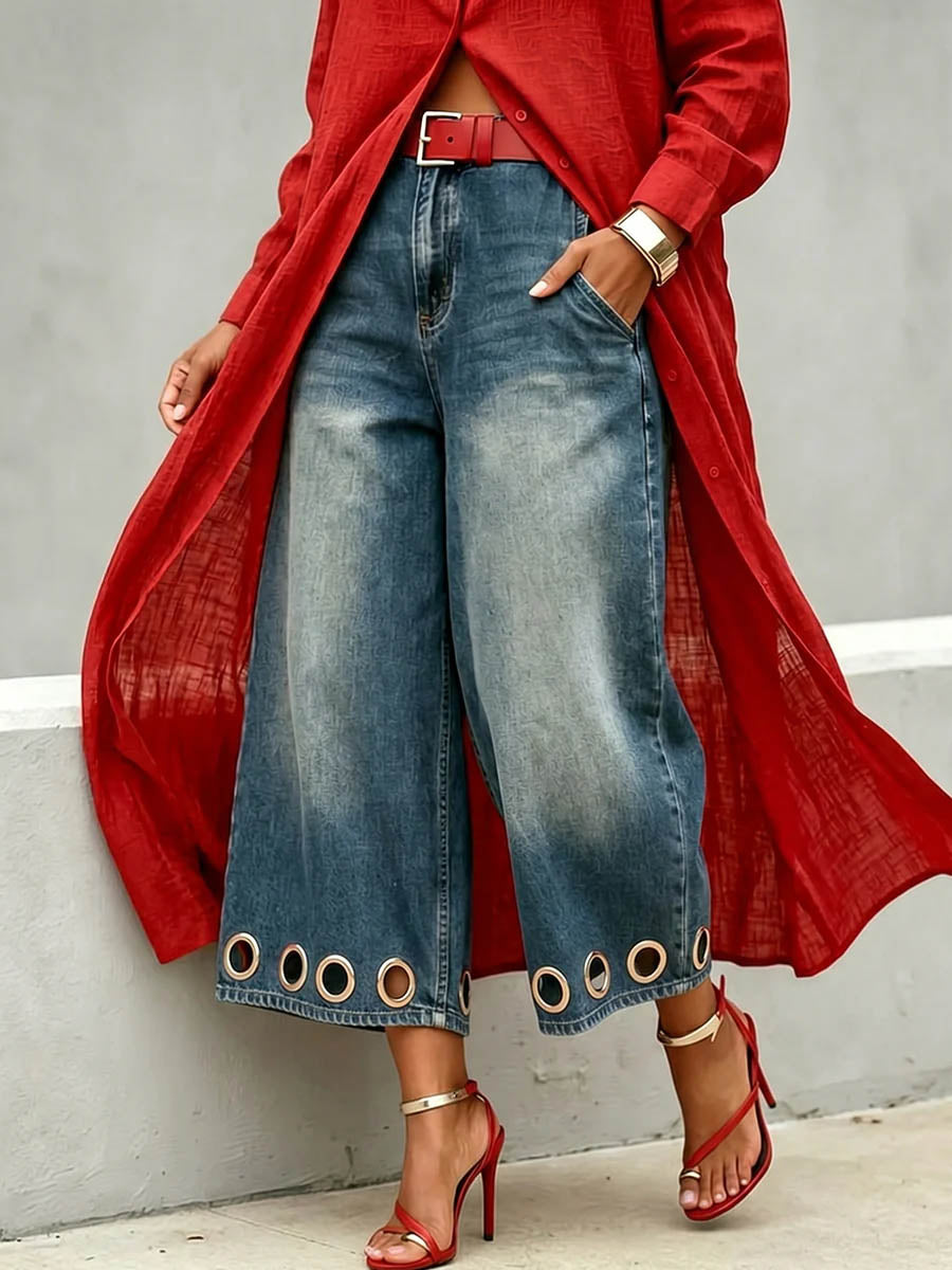 Women's High-waisted Loose-fit Cut-out Wide-leg Jeans