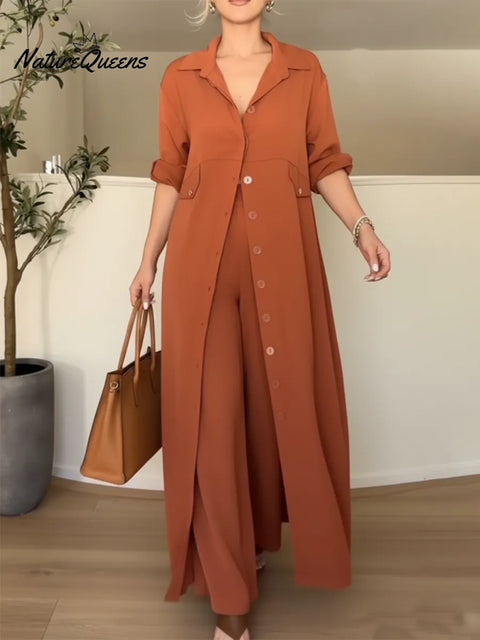 Women's Elegant Long Shirt And Trousers Two-piece Set