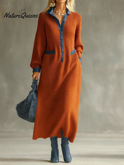 Women's Shirt Collar Long Sleeve Denim Stitching Casual Loose Knit Dress