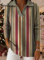Geometric Vertical Stripe Decorative Pattern Women's Casual Shirt Collar Long Sleeve Sweater