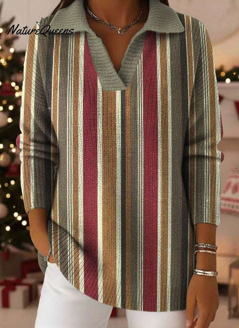 Geometric Vertical Stripe Decorative Pattern Women's Casual Shirt Collar Long Sleeve Sweater