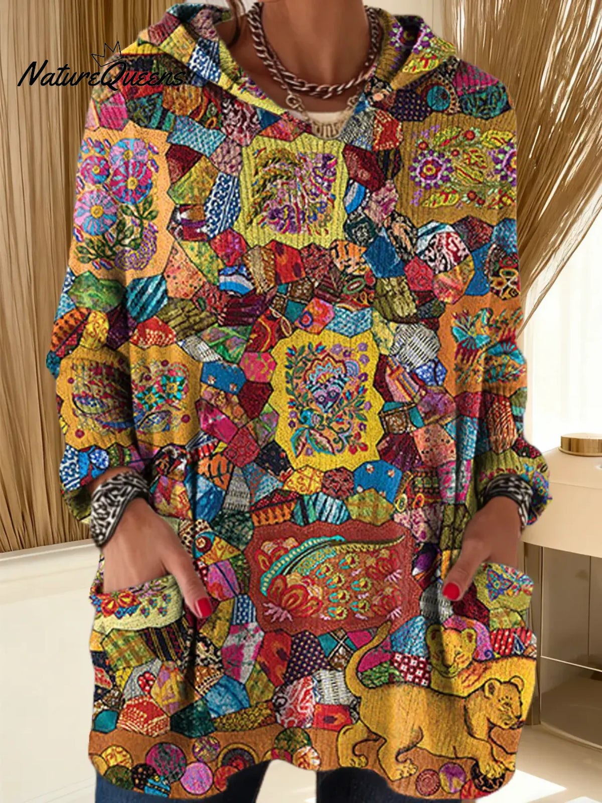 Women's Vintage Pattern Art Print Hooded Casual Knitted Sweater