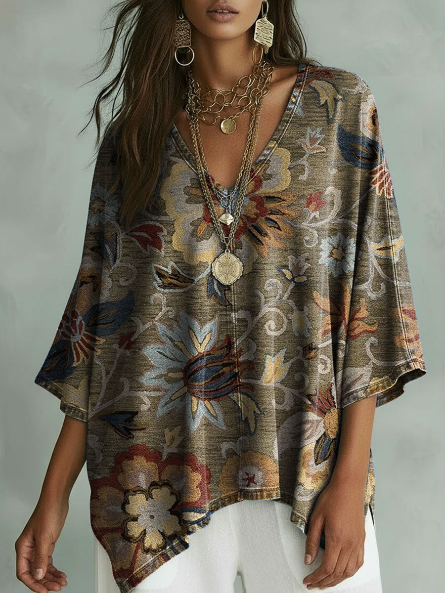 Women's Floral Pattern Art Print V-neck Loose Shirt