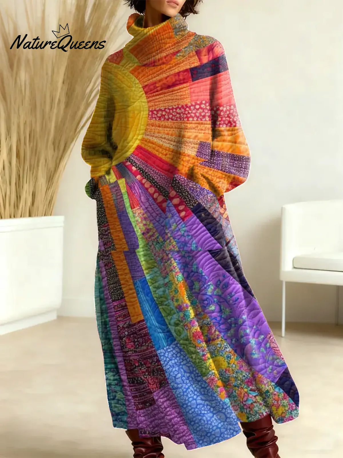 Women's Vintage Hippie Sunshine Pattern Art Print Casual Cotton Knitted Dress