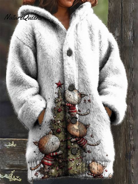 Women's Retro Christmas Tree Cat Snowflake Pattern Art Print Casual Plush Warm Coat