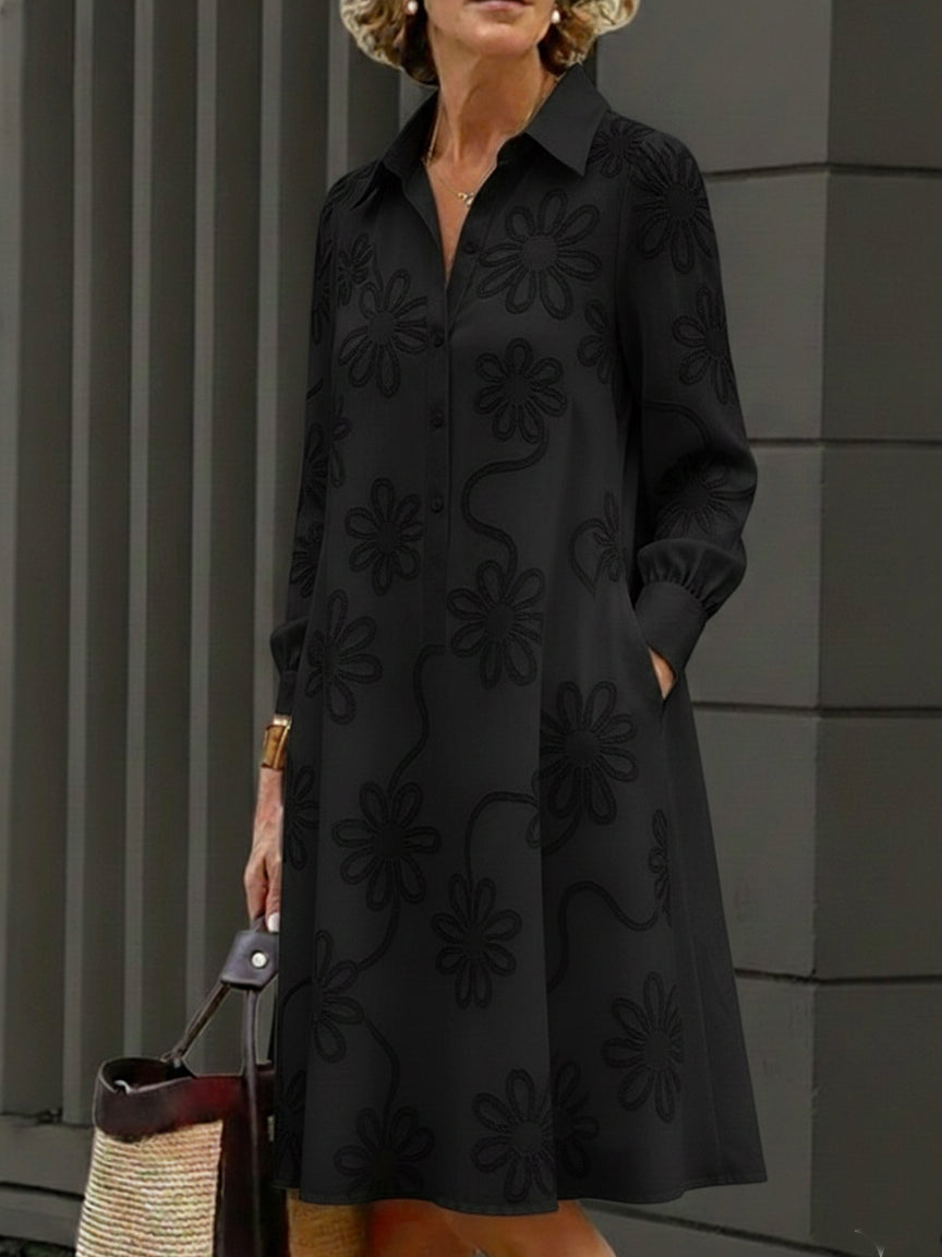 Elegant Floral Embroidered Shirt-collar Dress