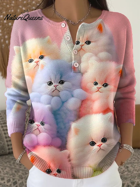 Women's Funny Cats Pattern Art Print Casual Cardigan Sweater