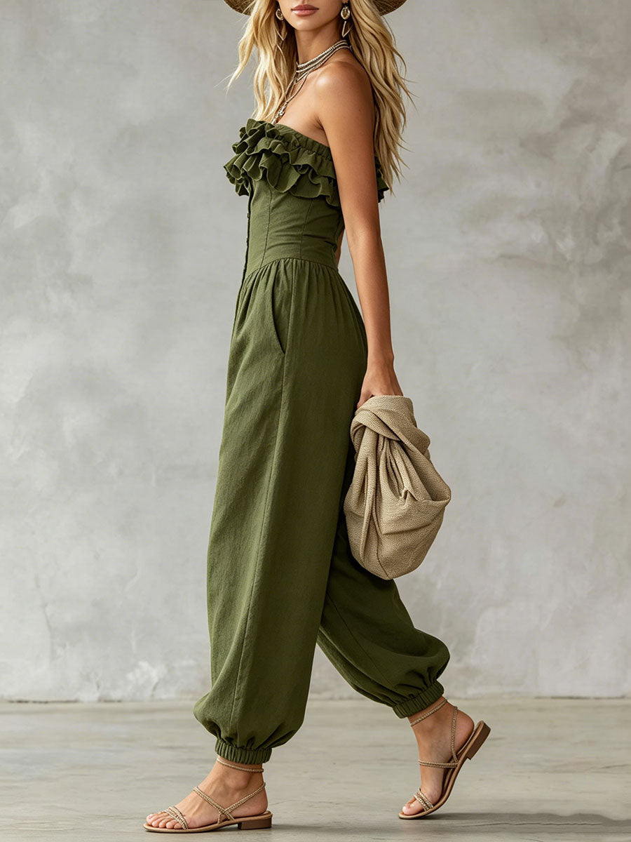 Women's Off-the-shoulder Ruffled Strapless Sleeveless Jumpsuit