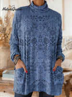 Women's Retro Print High-neck Long-sleeve Casual Loose Cotton Top