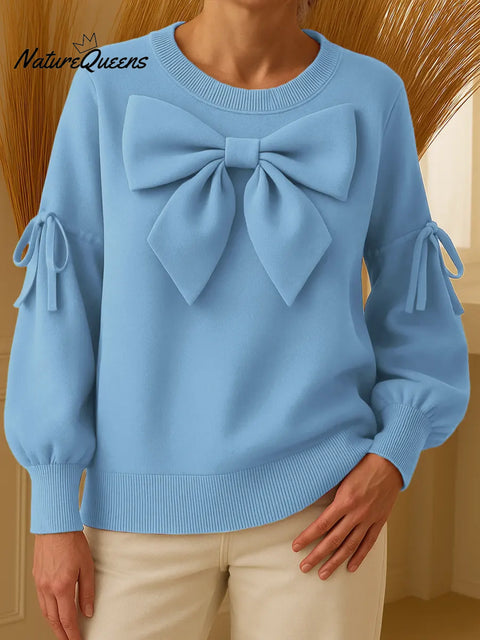 Women's Solid Color Crew Neck Casual Bow Loose Sweatshirt