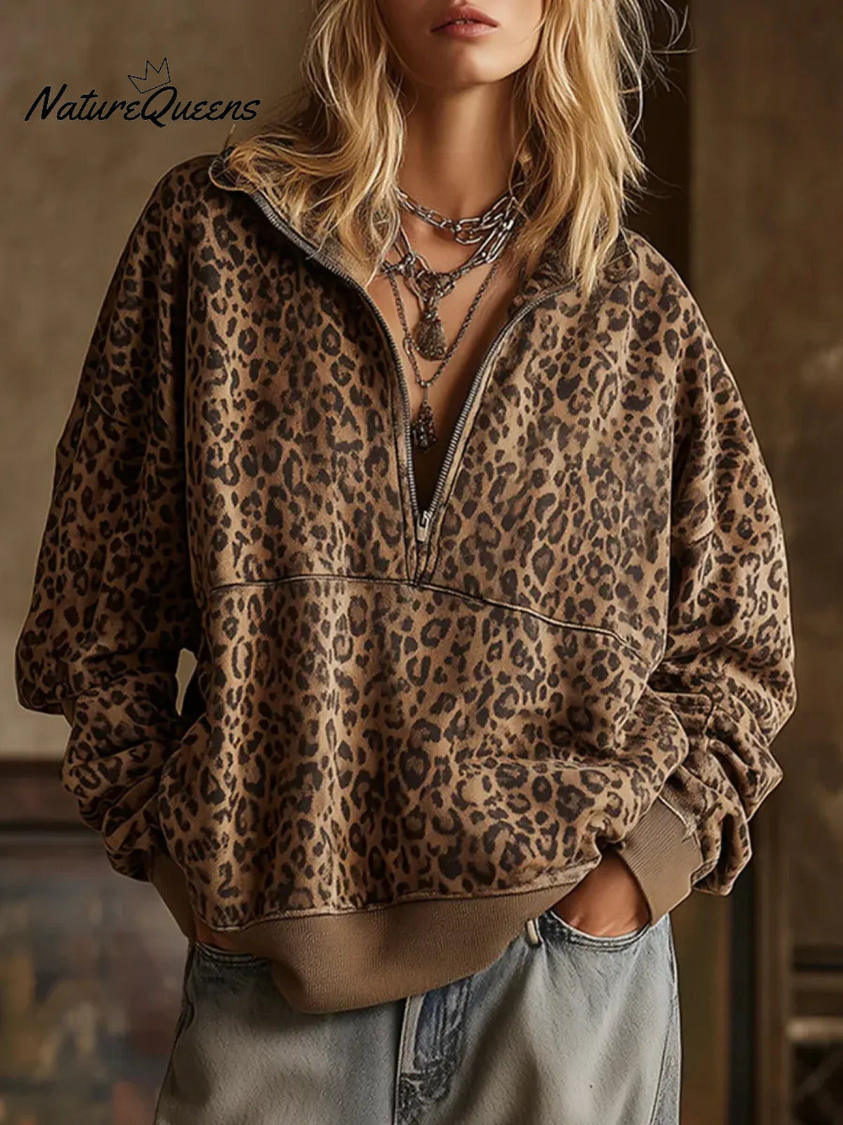 Women's Leopard Print Cardigan Collar Long Sleeve Casual Loose Sweatshirt