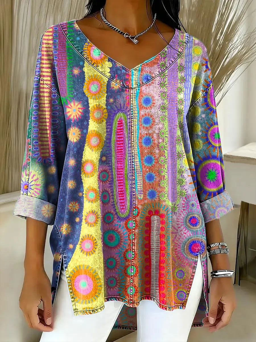 Women's Abstract Pattern Art Print Casual Denim Shirt