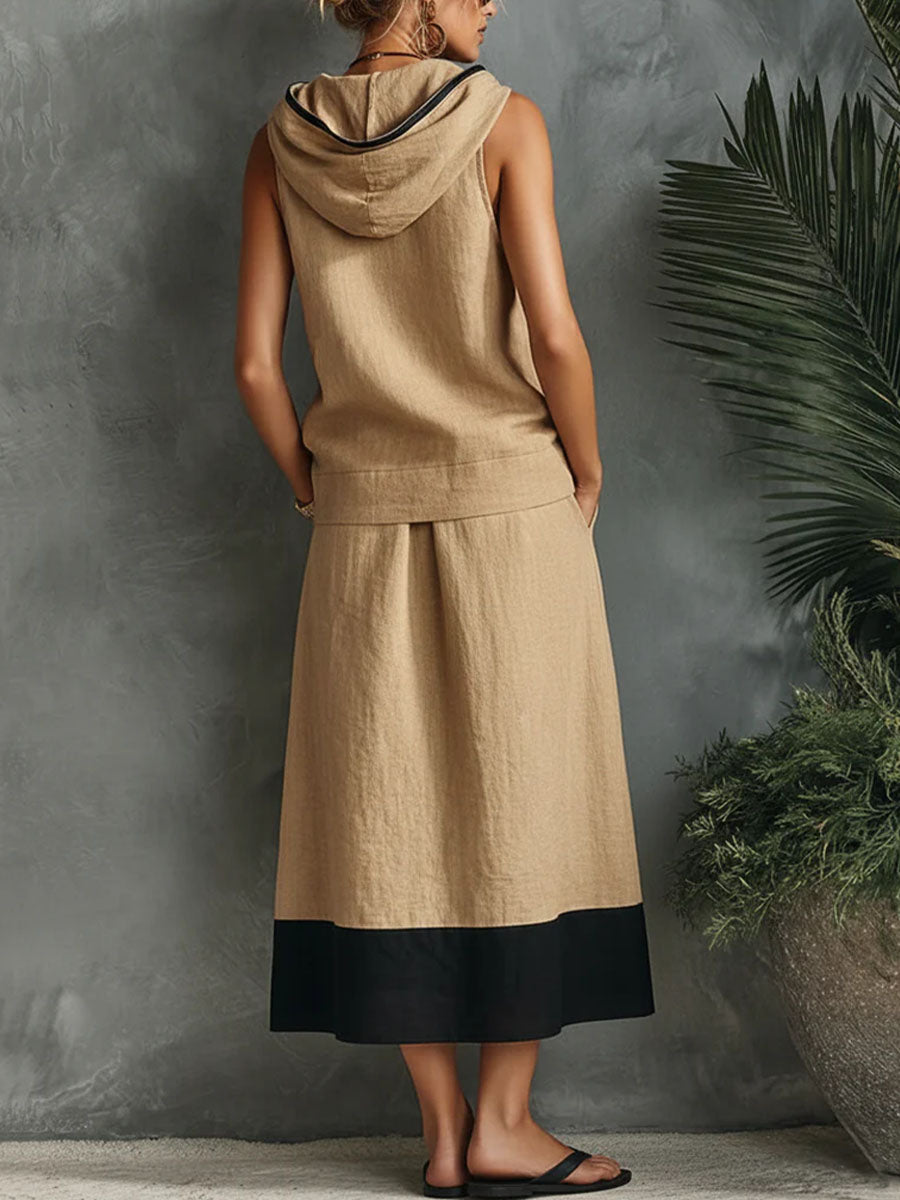 Women's Casual Loose-fit Cotton-linen Set: V-neck Sleeveless Hooded Top & High-waisted A-line Skirt
