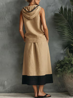 Women's Casual Loose-fit Cotton-linen Set: V-neck Sleeveless Hooded Top & High-waisted A-line Skirt