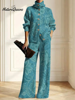 Women's Floral Pattern Art Print Casual Cotton Knitted Suits