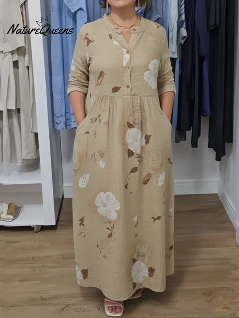 Women's floral print long-sleeved cotton and linen dress