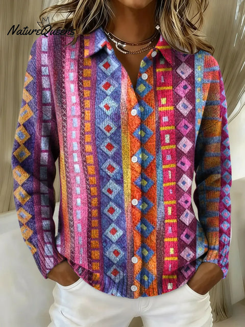 Women's Colorful Art Stripes Patterns Printed Collared Sweater