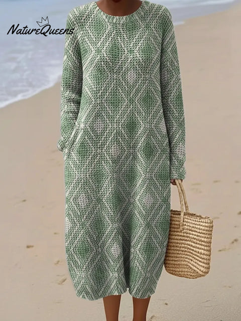 Diamond-shaped Art Pattern Printed Round Neck Knit Dress