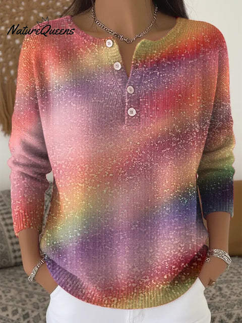 Women's Gradient Color Art Print Casual Buttoned Cardigan Sweater